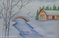 آموزش نقاشی به کودکان | این قسمت نقاشی منظره برفی